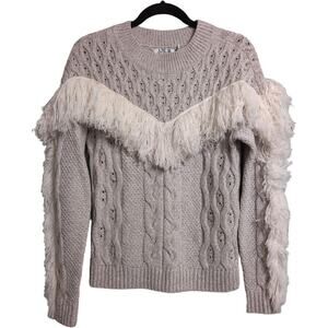 AMUR Ulla Sweater Oatmeal Fringe Cable Knit Crew Neck Long Sleeve Merino Wool M